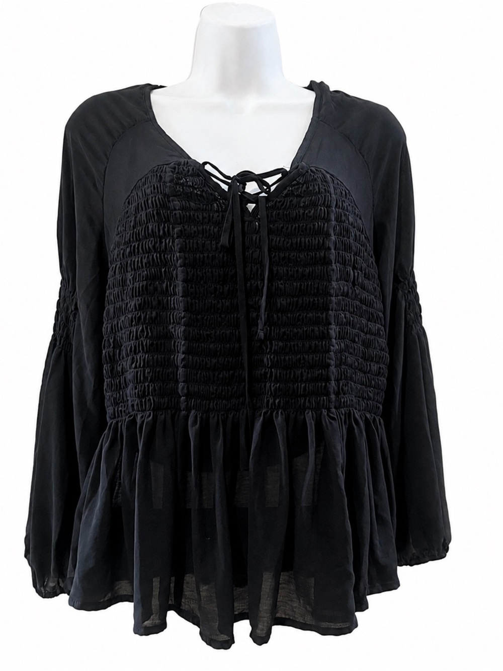 American Eagle Black Smocked Peplum Blouse Lace Up Sheer Bell Sleeve S